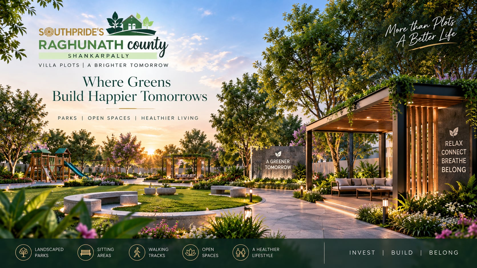 Green open spaces, wooden pergola, seating areas, and walking tracks at Raghunath County