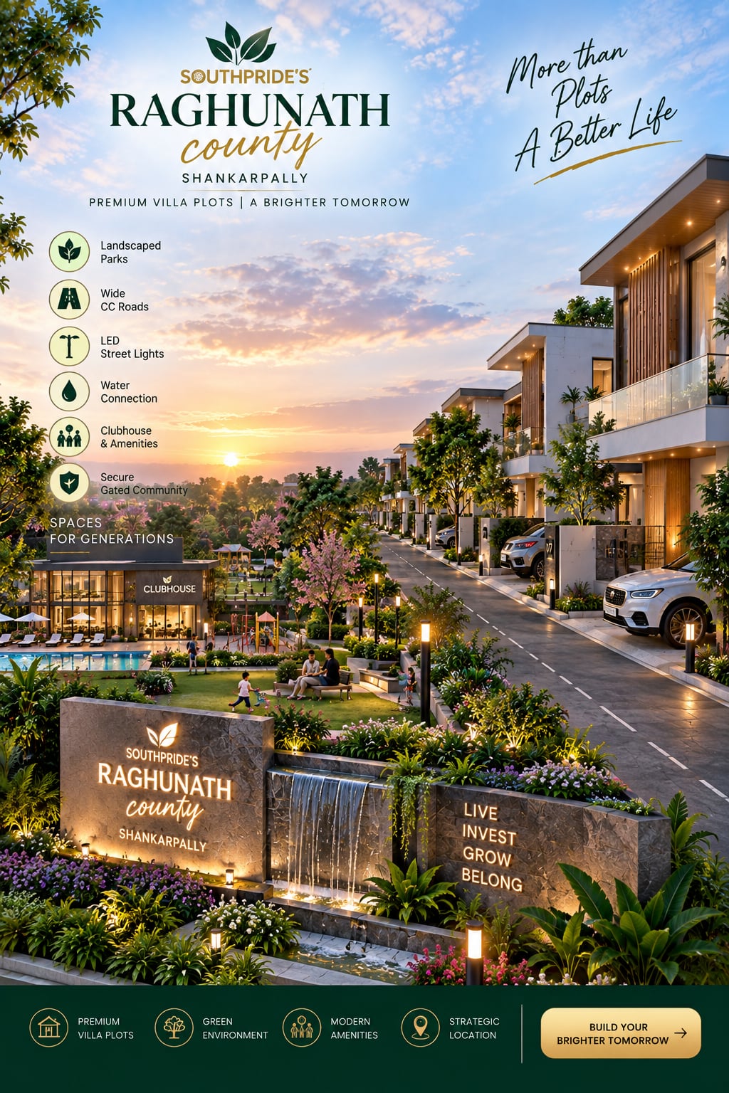 Modern clubhouse with swimming pool, children play park, and villa community at Raghunath County
