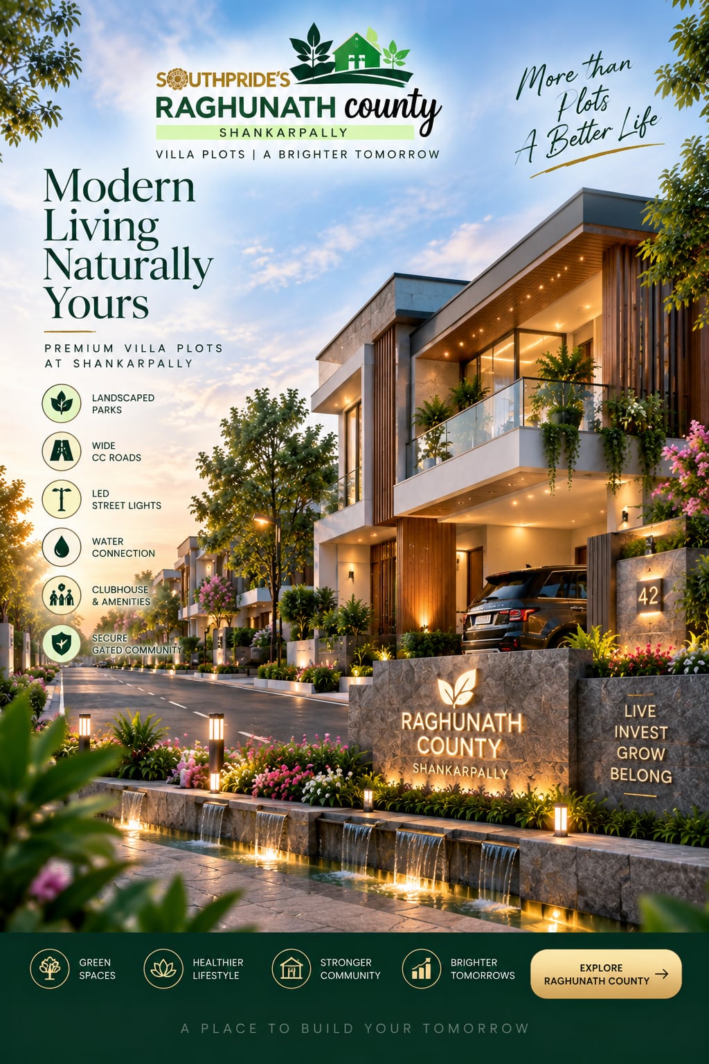Modern two-storey duplex villa with manicured gardens and internal road