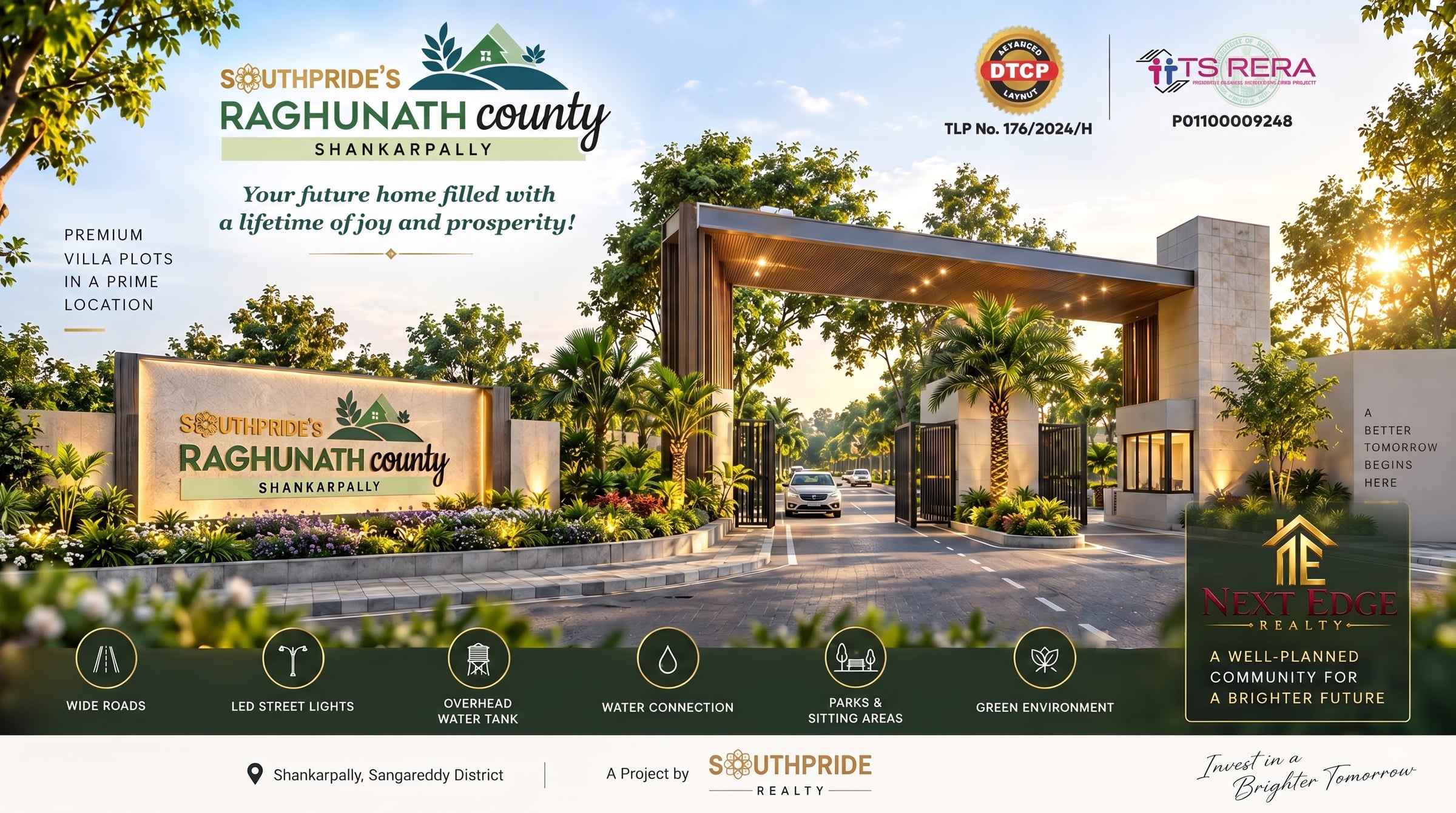 The grand entrance arch at Raghunath County, Shankarpally with DTCP and TS-RERA approval markings
