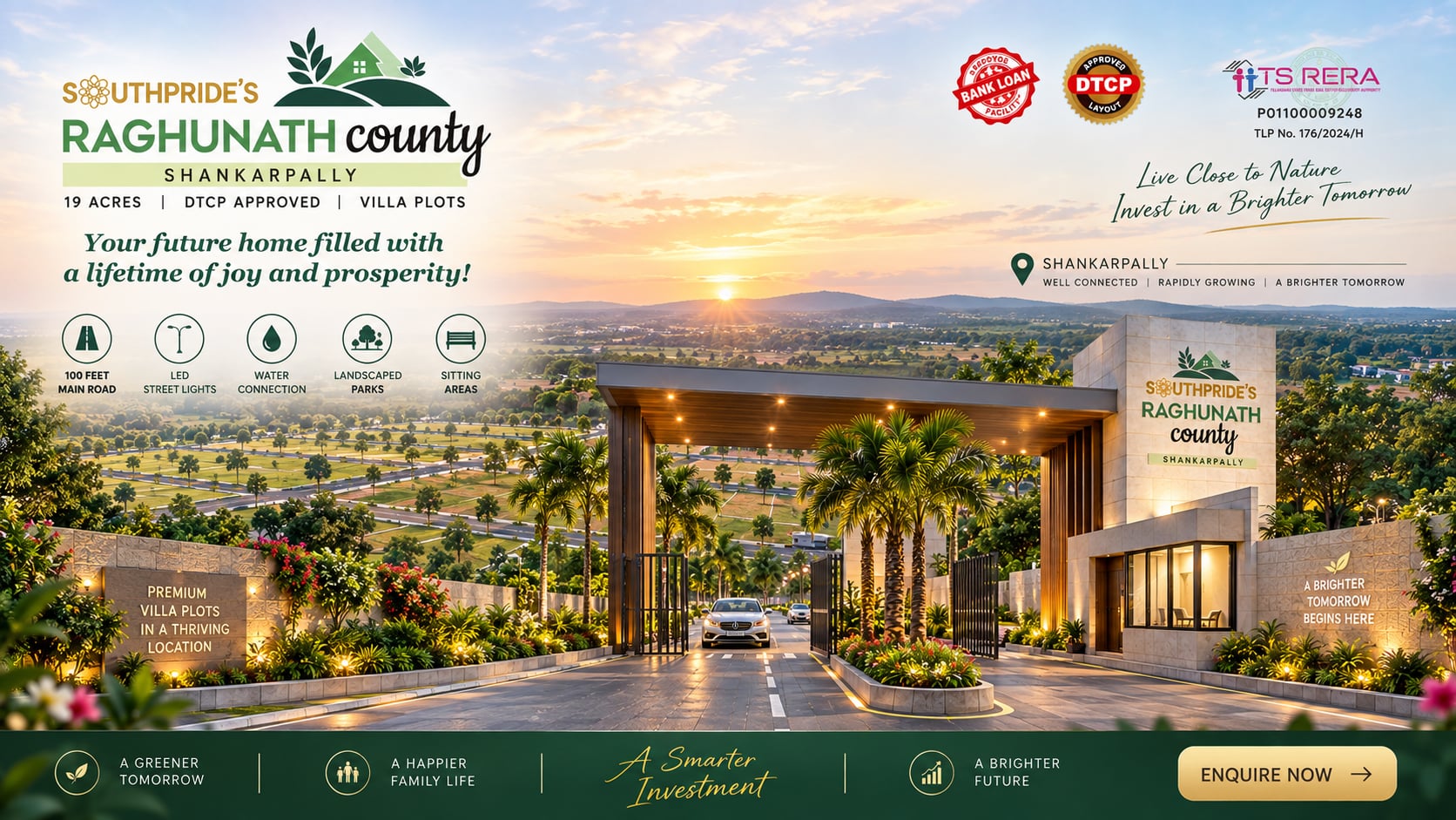 Panoramic view of Raghunath County gated entrance overlooking scenic Shankarpally landscape