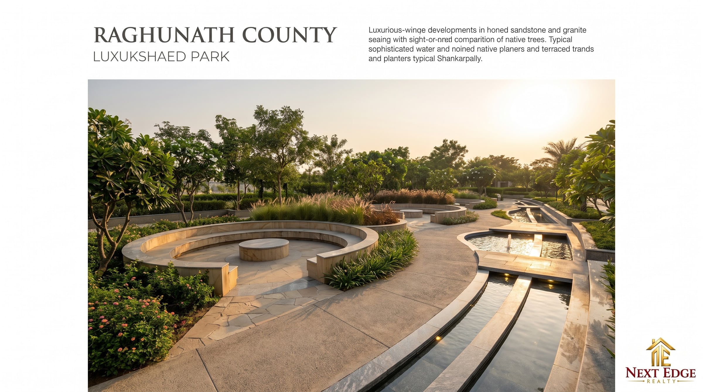 Landscaped park with sandstone seating, water cascade, and native trees at Raghunath County