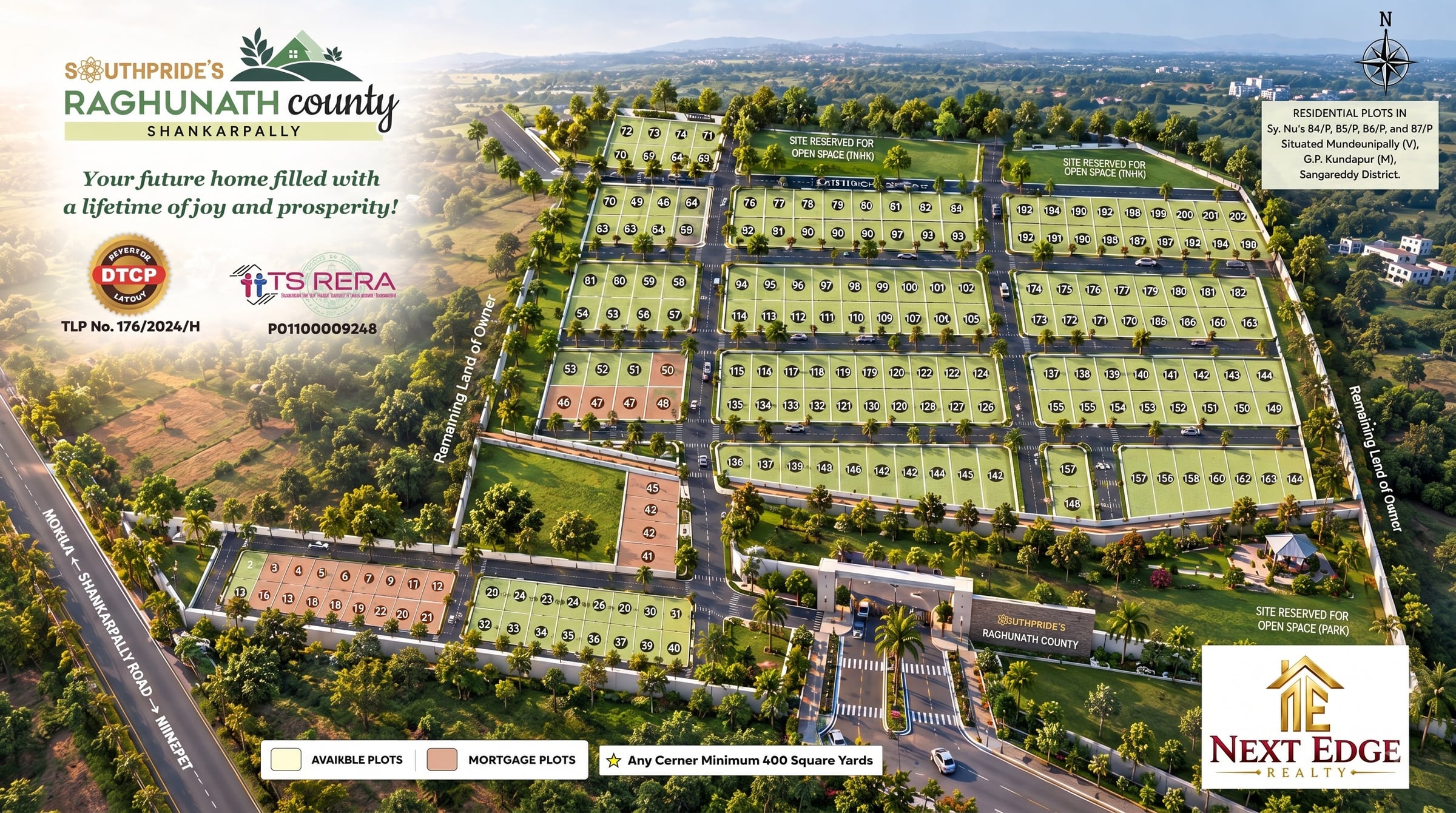 Three-dimensional aerial view of Raghunath County layout showing plots, internal roads, and park space