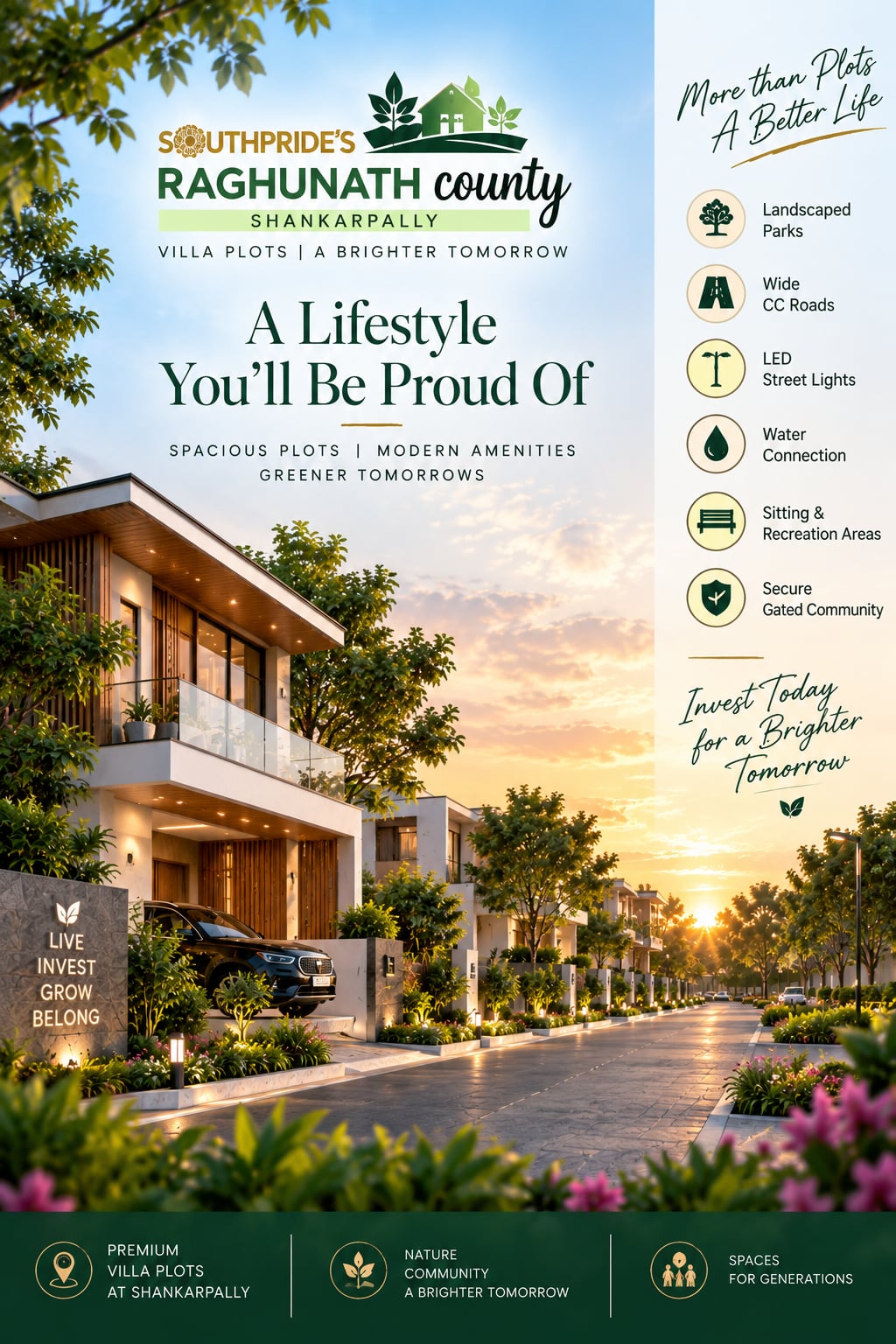 Tree-lined avenue of luxury villas at sunset