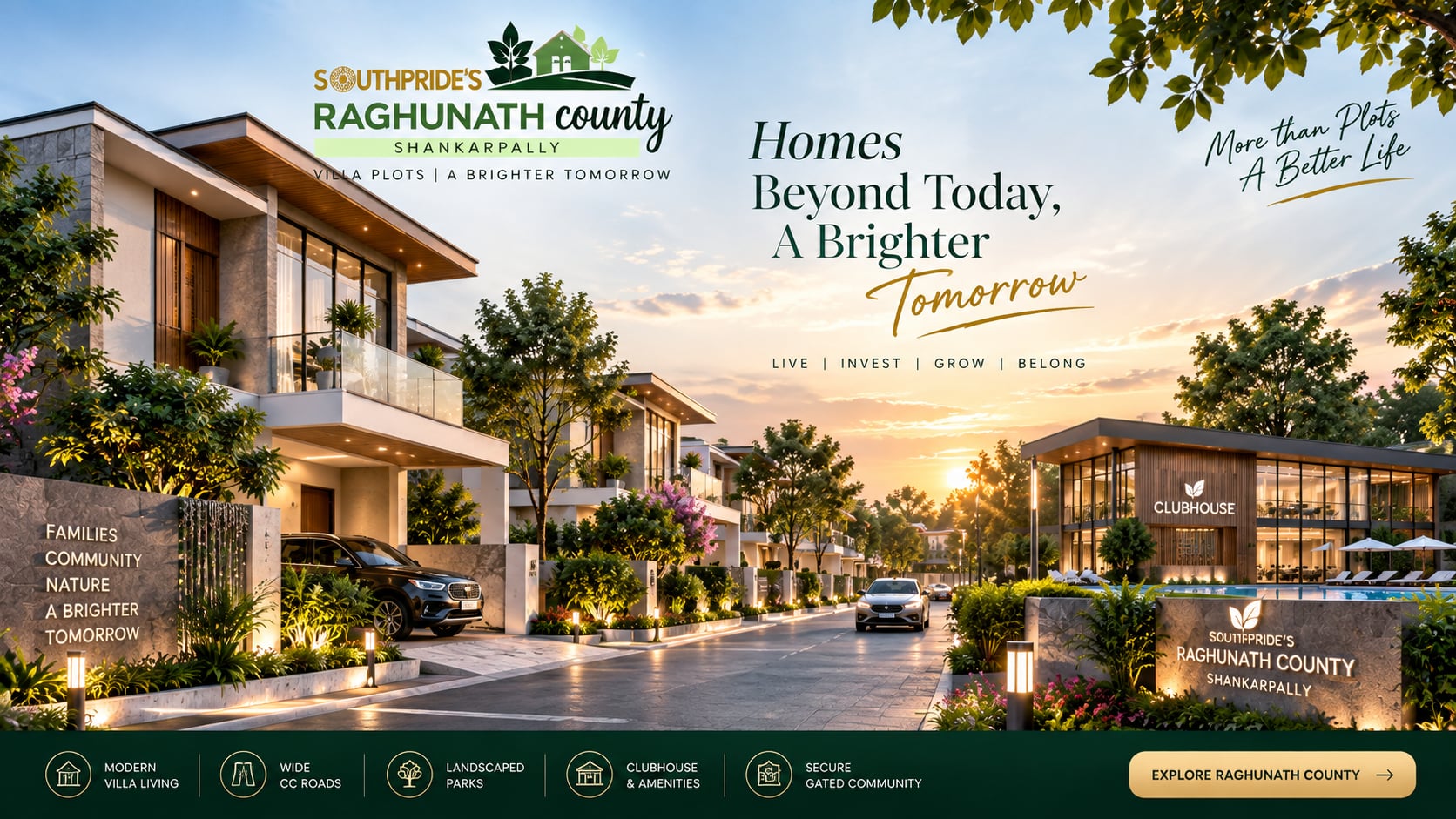 Modern luxury villas along wide avenues with central clubhouse at sunset in Raghunath County