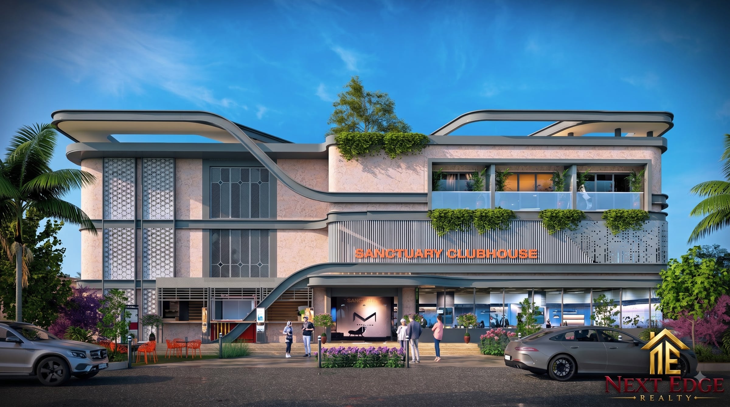Architectural elevation of the modern clubhouse at Sanctuary